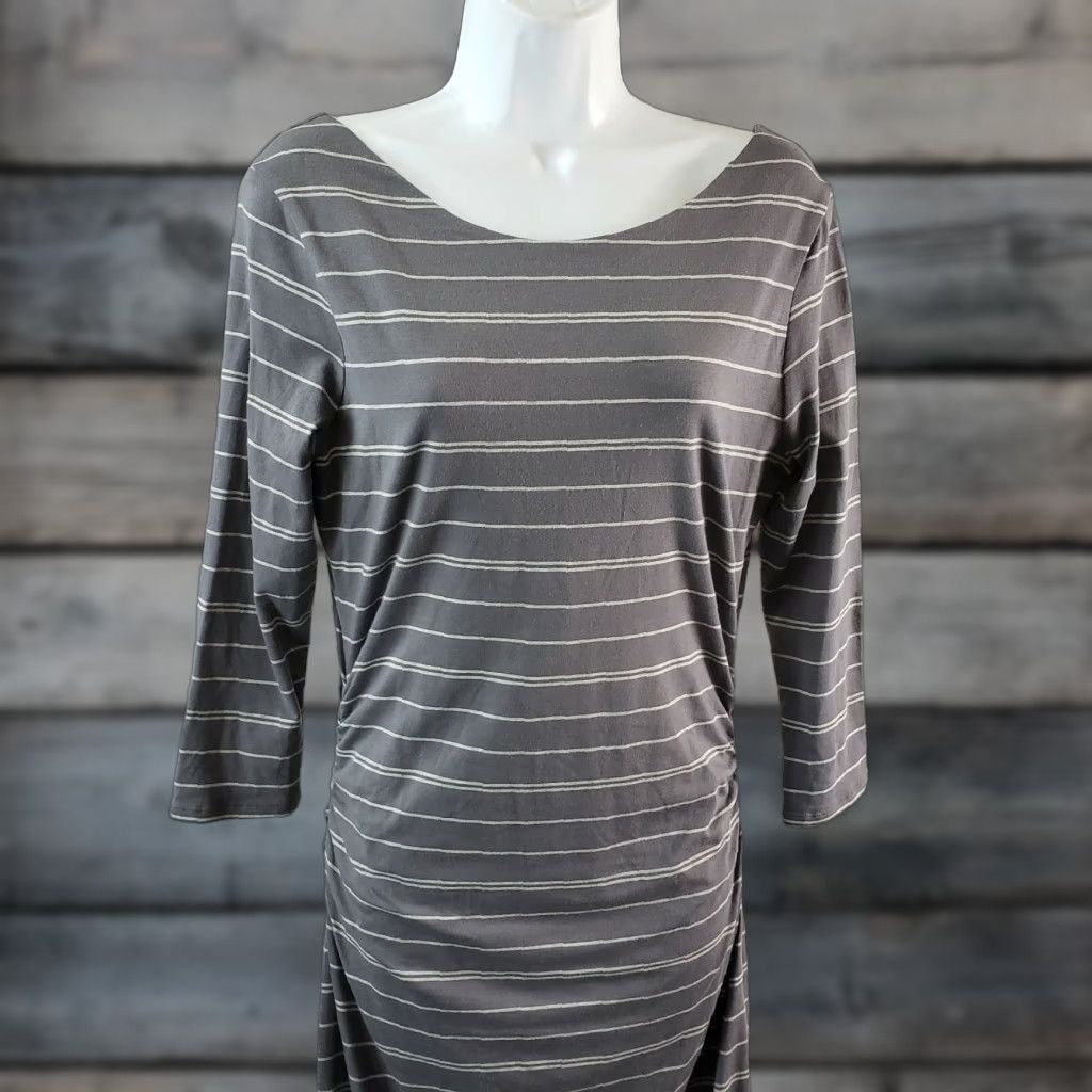 Athleta Athleta Striped Midi Dress Womens Small Gray 3/4 Sleeve Scoop Back Casual Cotton Blend Sheath Size S / US 4 / IT 40 - 1 Thumbnail