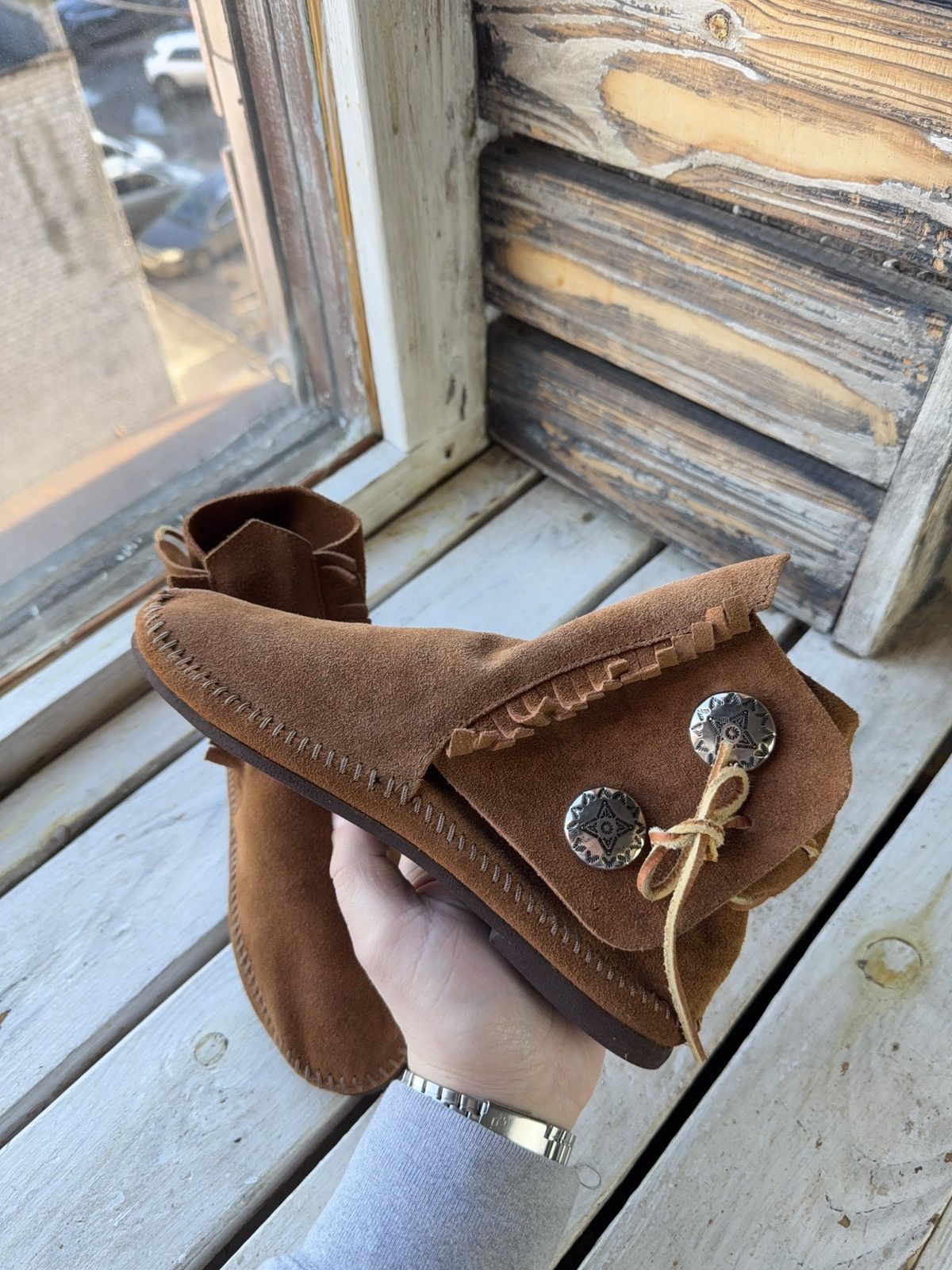 Vintage Vintage 00s Western USA Made Suede Fringe Moccasin Boots Size US 7 / IT 37 - 10 Thumbnail