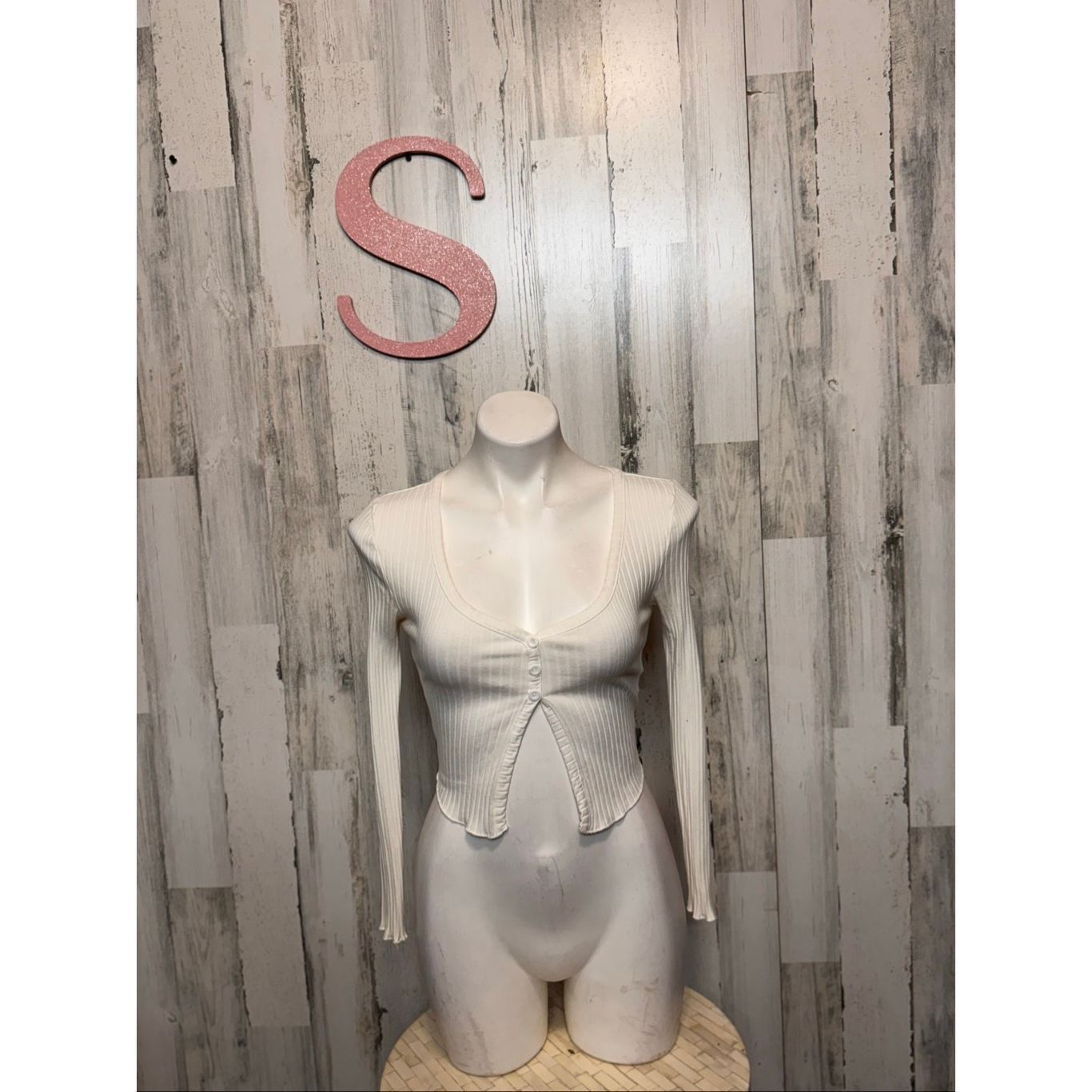 Other White Ribbed Button Front Long Sleeve Crop Top Size S Size S / US 4 / IT 40 - 1 Thumbnail