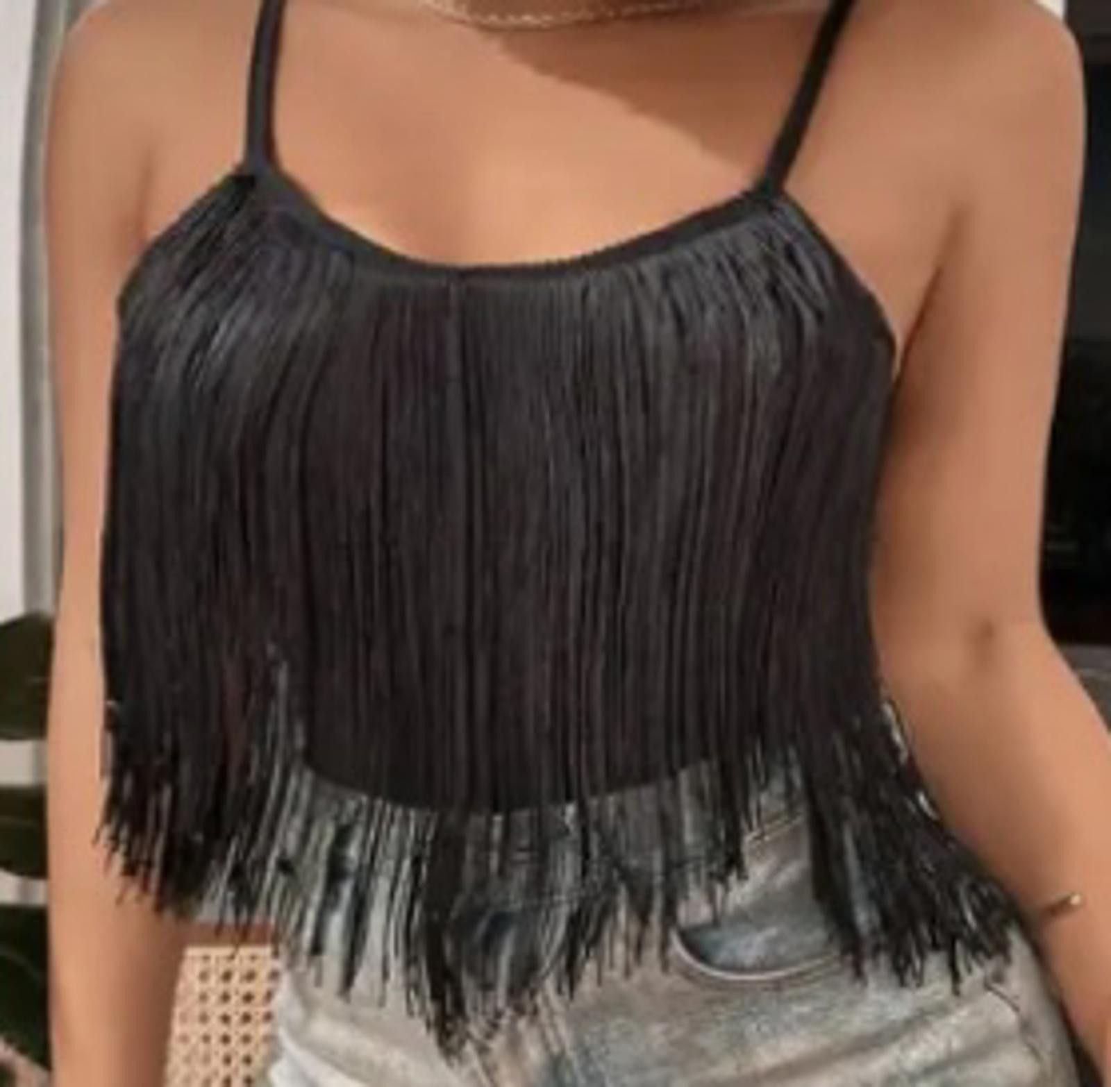 Designer Stylish Black Fringe Crop Top Size M / US 6-8 / IT 42-44 - 1 Thumbnail