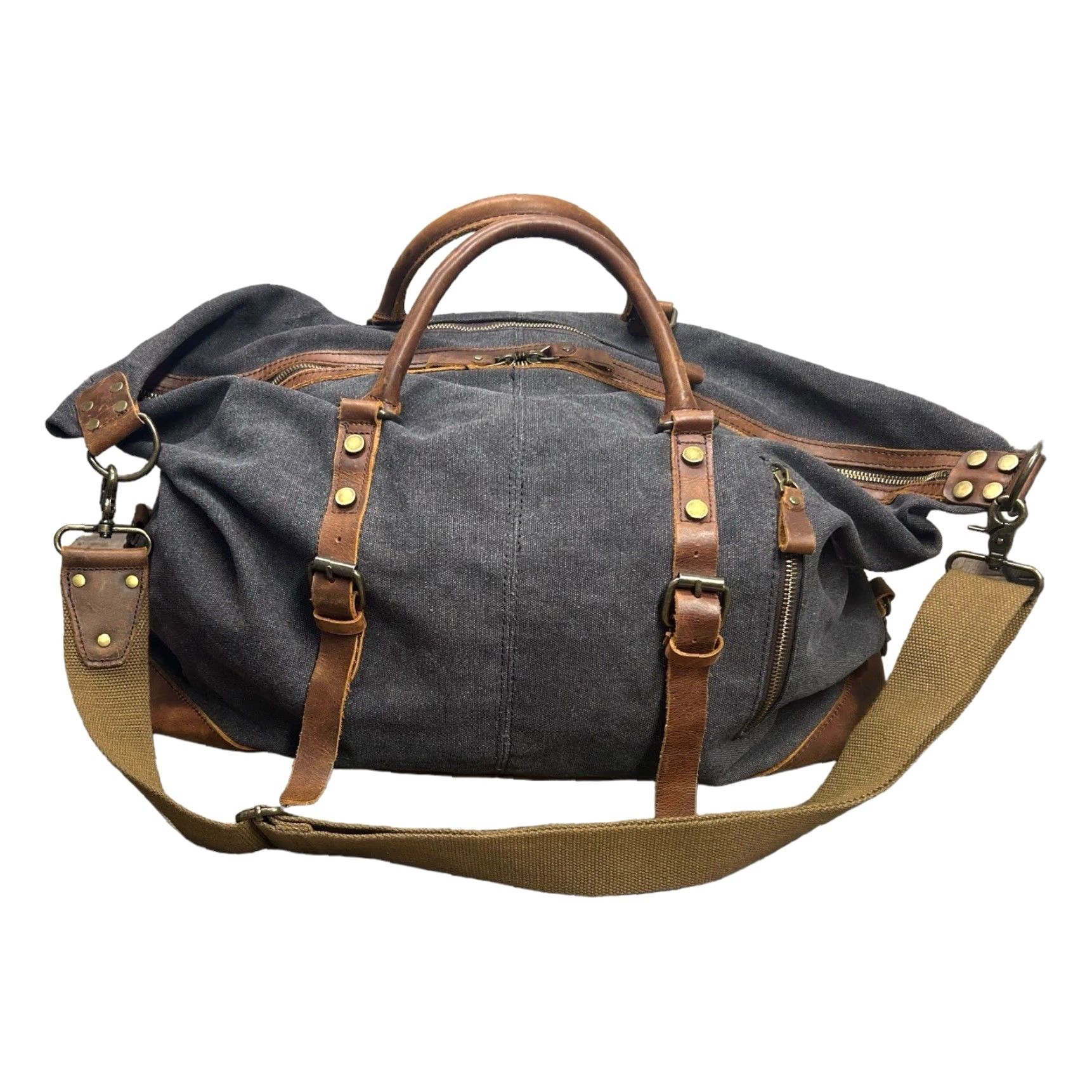 Vintage Case Duffle Bag Adult Large Gray/Brown Canvas Leather Trim Travel Suitcase Bag Pockets Zip-Around Lined Size ONE SIZE - 2 Thumbnail