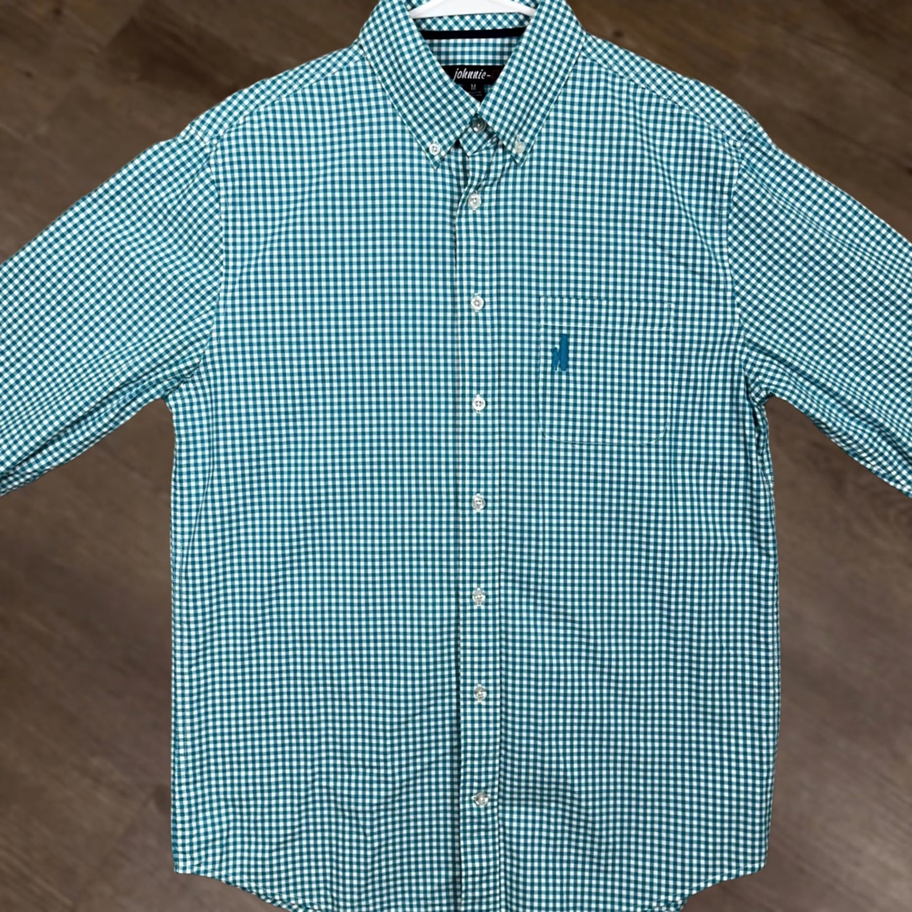 johnnie-O Johnnie-O Shirt Mens M Teal White Button-Down Gingham Check Long Sleeve EUC Size US M / EU 48-50 / 2 - 1 Thumbnail