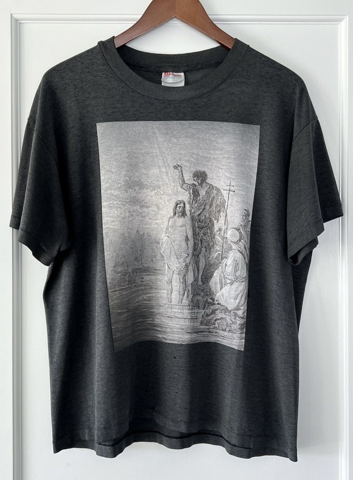 image of Art 1992 Single Stitch Baptism Of Jesus Faded Vintage Tee in Dark Grey, Men's (Size XL)