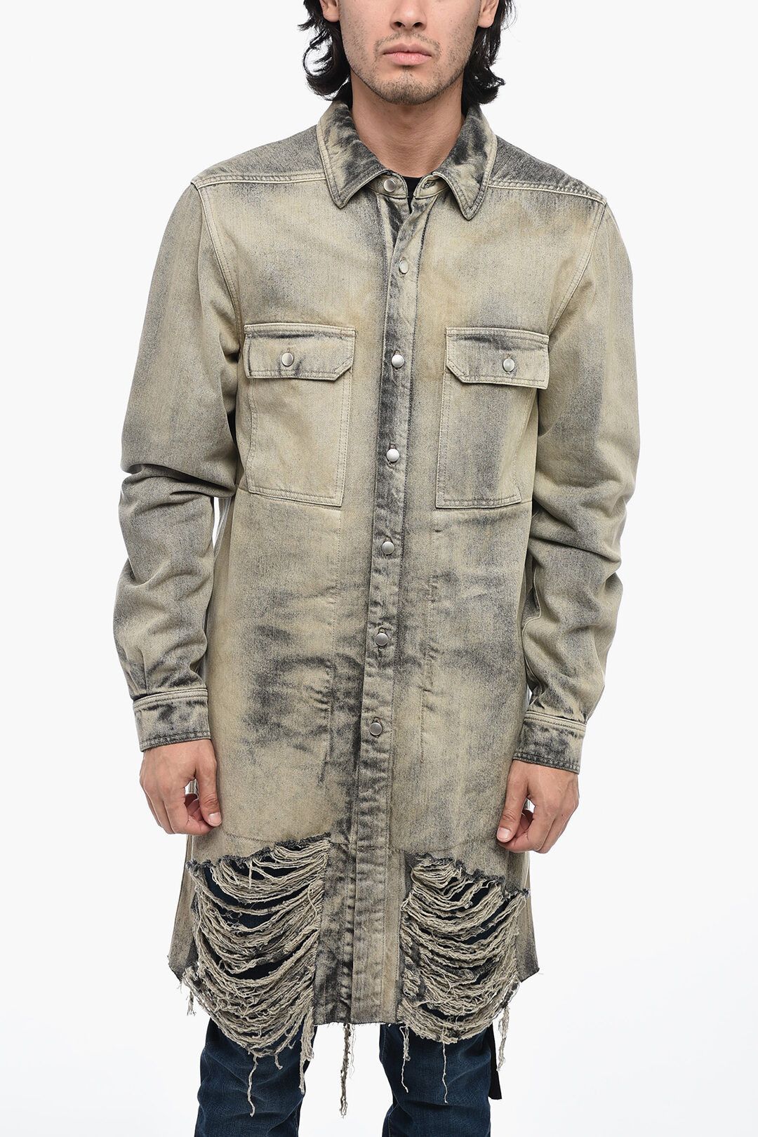 Rick Owens og1mm1025 Distressed Denim Overshirt in Grey Size US M / EU 48-50 / 2 - 1 Thumbnail
