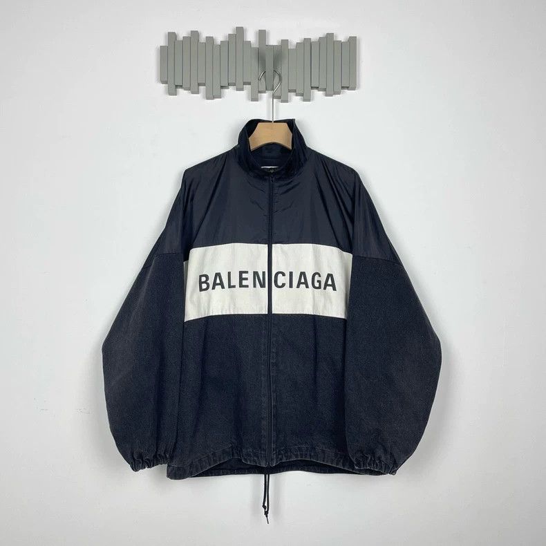 Balenciaga size 36 Embroidered logo denim paneled nylon jac