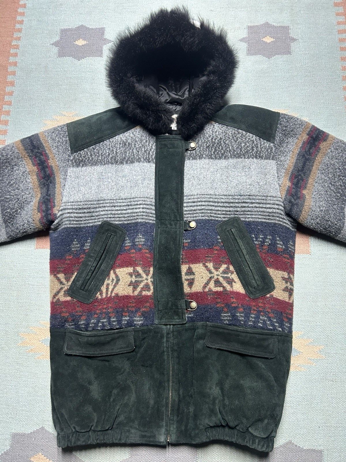 Vintage Vintage 80s Aztec toggle coat wool leather hooded jacket XL Size XL / US 12-14 / IT 48-50 - 2 Thumbnail