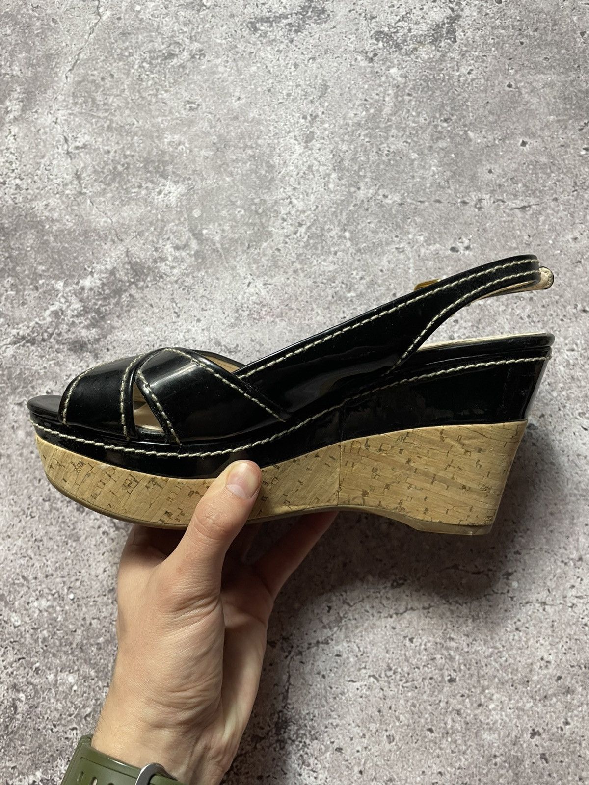 Prada PRADA Patent leather wedge sole cork black women's size 37 Size US 7 / IT 37 - 6 Thumbnail