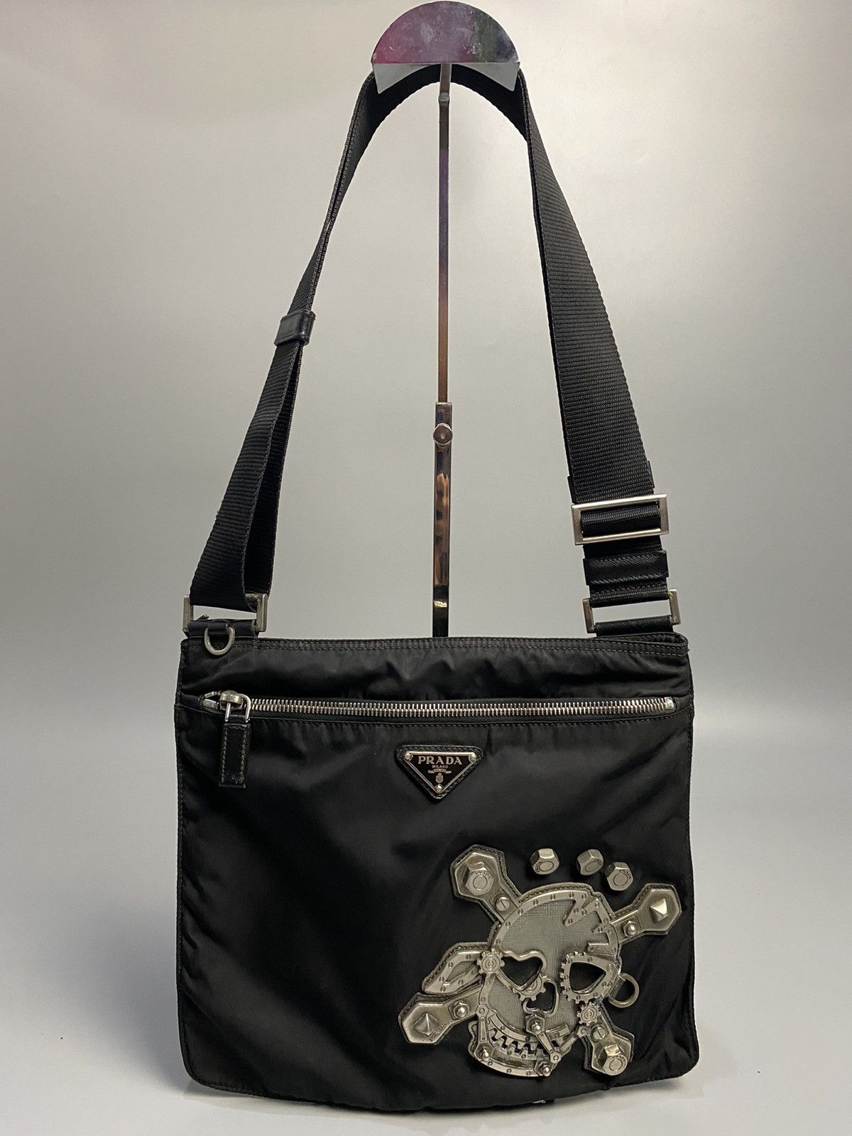 image of Prada Skull Tessuto Shoulder Bag in Black, Men's