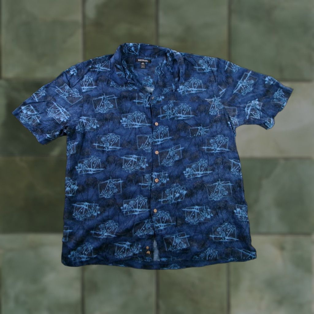 George George Shirt Mens Large Blue Tropical Hawaiian Resort Floral Short Sleeve Button-Up Collared Casual Travel Workwear Size US L / EU 52-54 / 3 - 1 Thumbnail