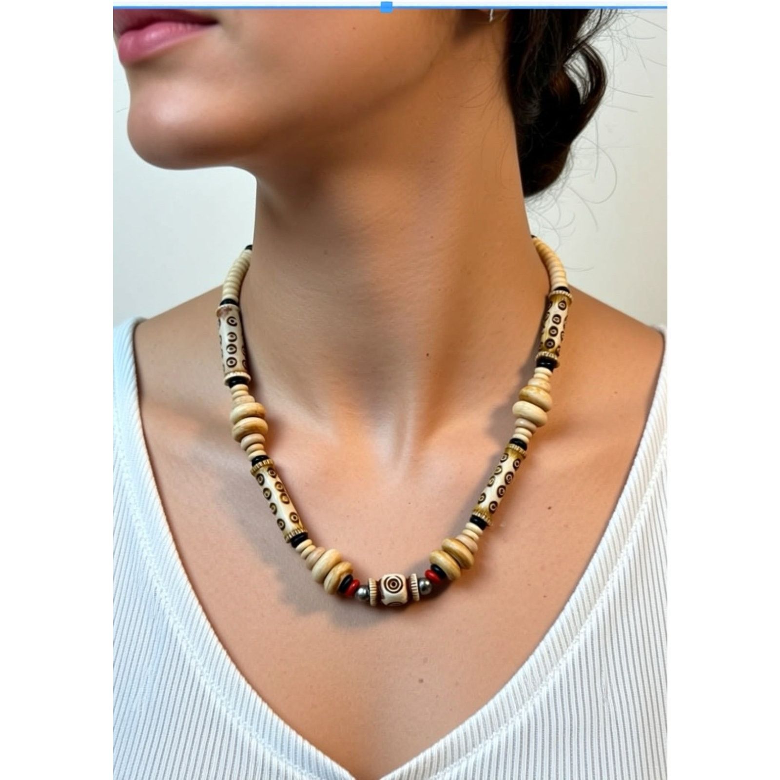 Other VTG 1980s Bone Bead Necklace 16" Tribal Boho Carved Beads Size ONE SIZE - 6 Thumbnail