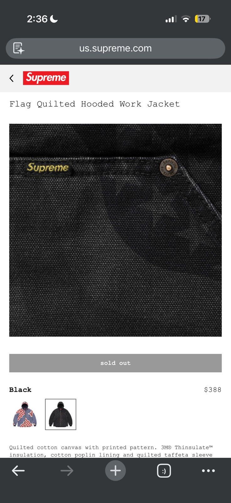 Supreme Supreme Flag Quilted Hooded Work Jacket - black - Large Size US L / EU 52-54 / 3 - 7 Thumbnail