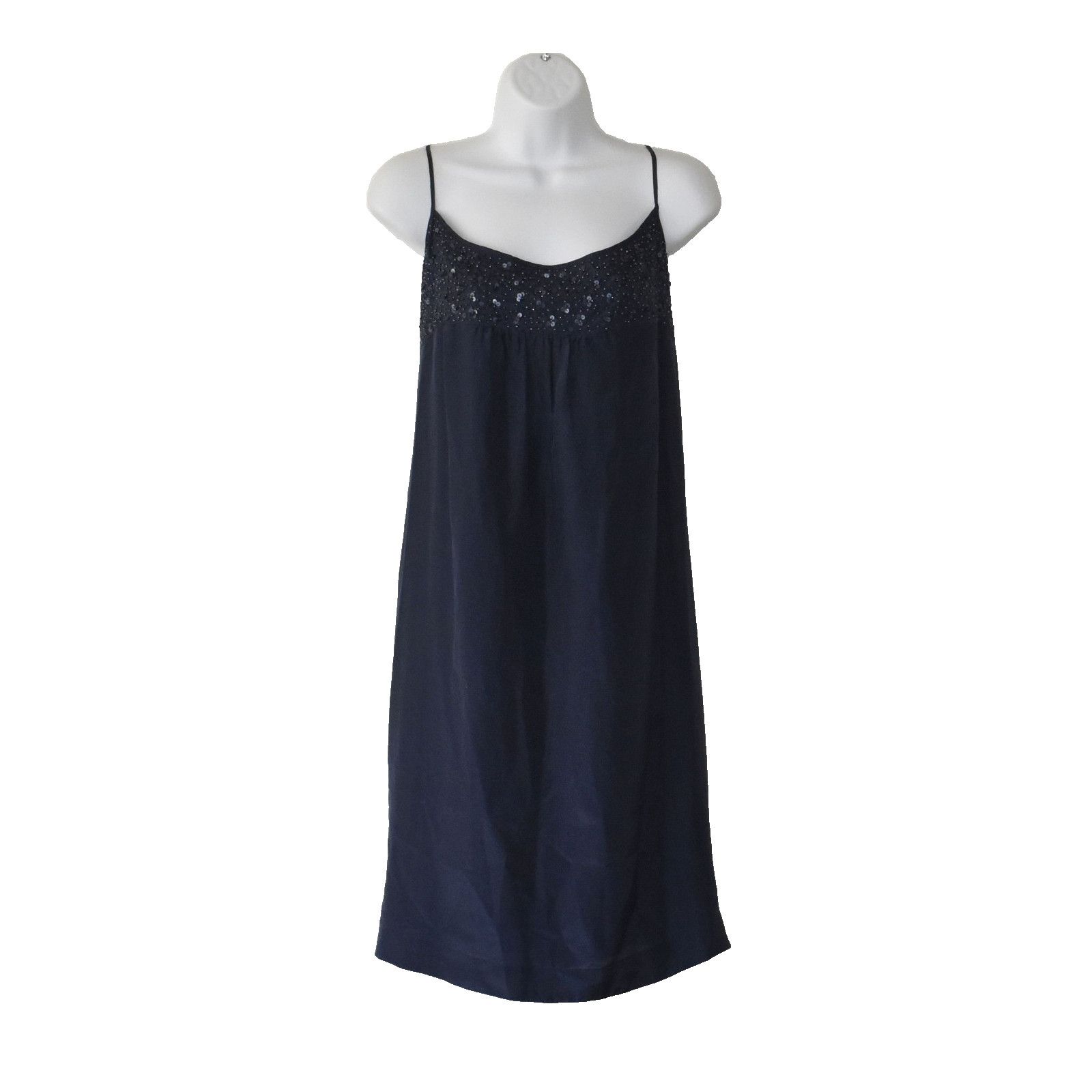 EILEEN FISHER Navy Blue 100% Silk Sequined Slip Dress Sz XL
