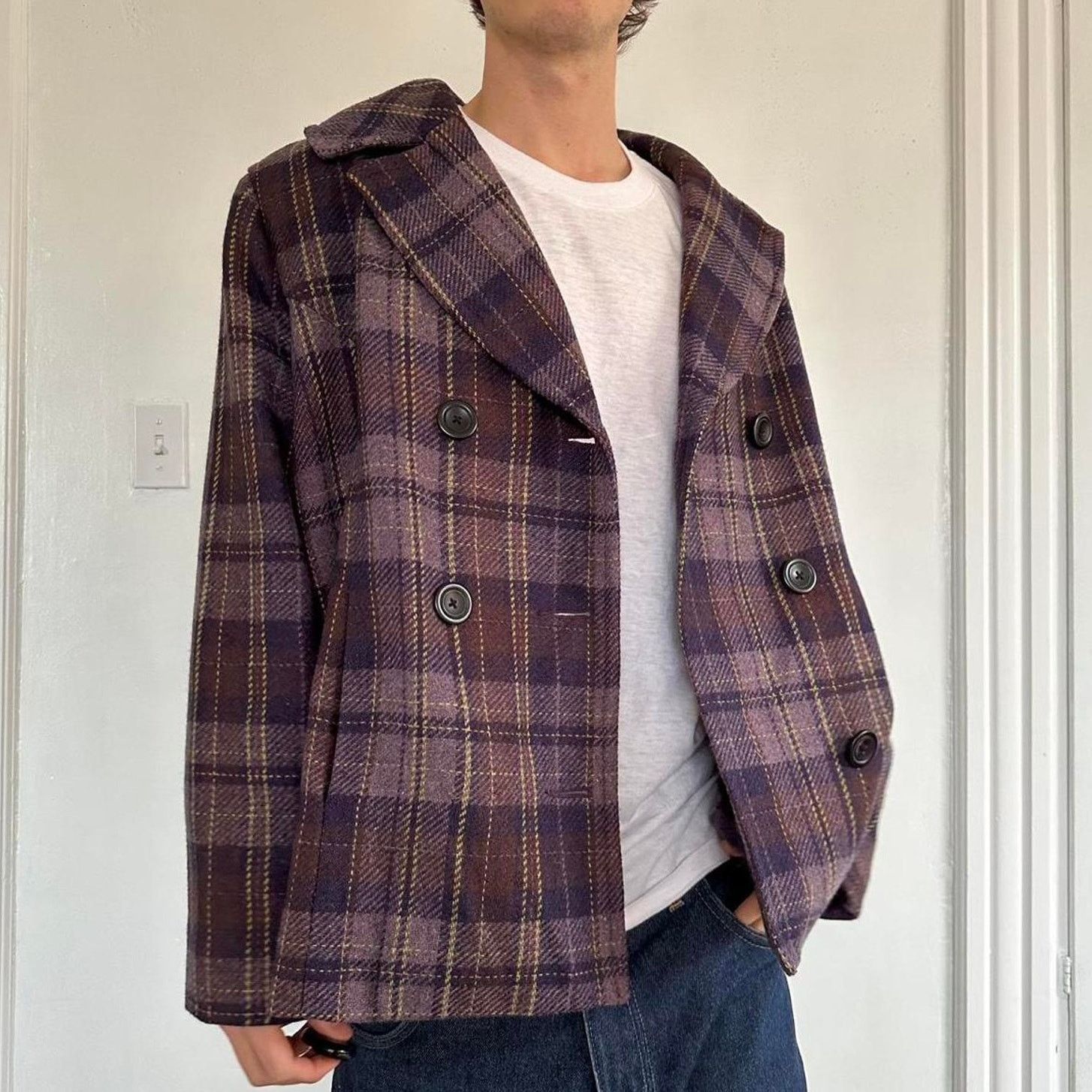 Vintage Vintage Y2K Purple Plaid Double Brest Peacoat Blazer Jacket Size XL / US 12-14 / IT 48-50 - 1 Thumbnail