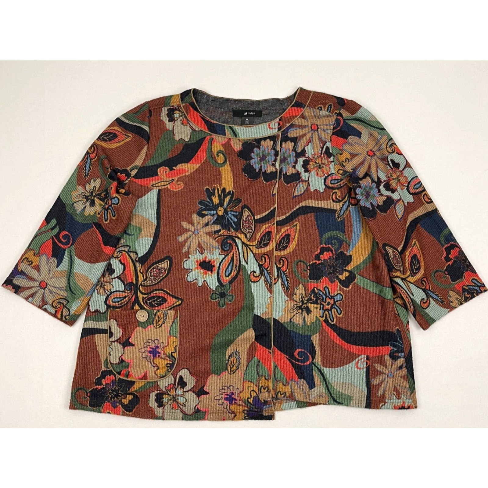 Vintage Ali Miles Blouse Womens 2X Brown Floral Abstract Knit Asymmetrical Spring Boho Shirt Women Plus Size 2X Floral Pattern 3/4 Sleeve Knit Blouse Size XXL / US 16-18 / IT 52-54 - 2 Thumbnail
