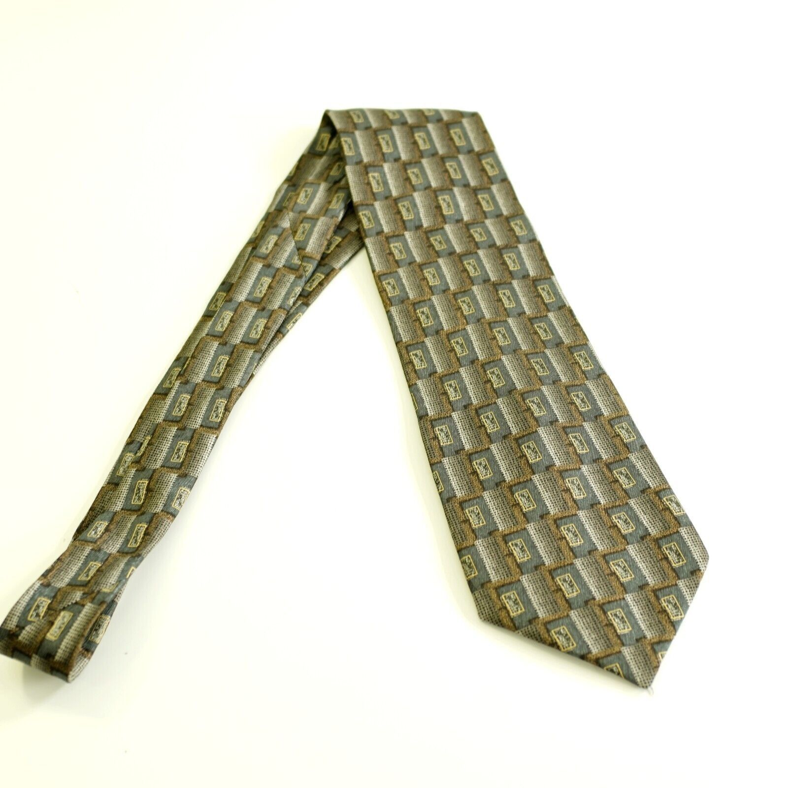 Designer Louis Roth Green Brown Metallic Print Wide Silk Tie Size ONE SIZE - 6 Thumbnail