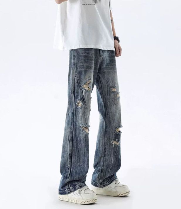 Japanese Brand Men's washed distressed straight leg ripped flared jeans Size US 32 / EU 48 - 3 Thumbnail