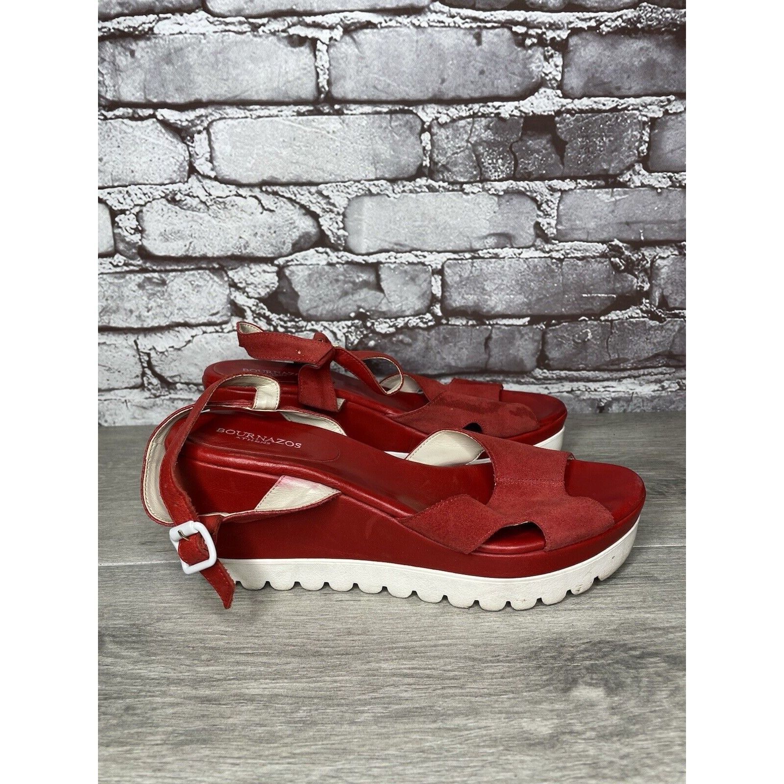 Other Bournazos Athens Red Suede Leather Ankle Strap Wedge Sandals Size US 8.5 / IT 38.5 - 2 Thumbnail