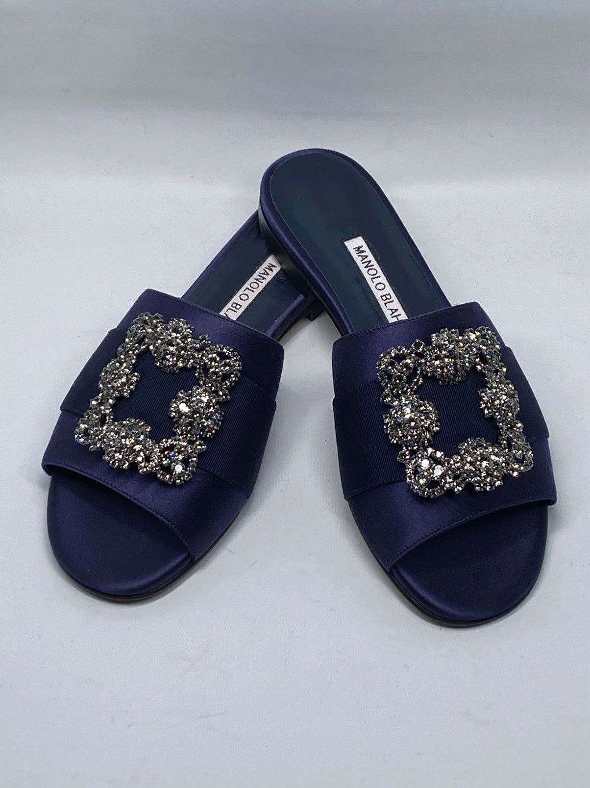 Manolo Blahnik Manolo Blahnik Navy Satin Jewel Buckled Flat Sandals size 37 Size US 7 / IT 37 - 1 Thumbnail