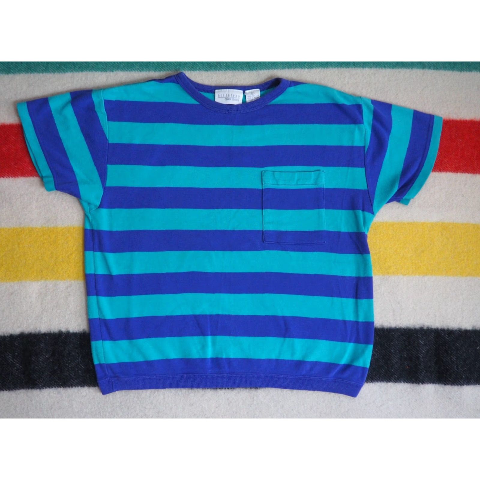 Nordstrom VTG 80s Nordstrom Teal Purple Striped Essential Pocket Crop Boxy Tee T-Shirt S Shirt Unisex Cotton Short Sleeve 1980s Size US S / EU 44-46 / 1 - 2 Thumbnail