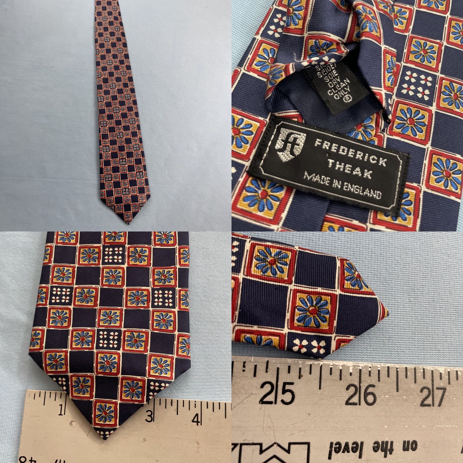 Vintage VINTAGE Frederick Theak Silk Tie England Navy Red Orange Macclesfield Neat Floral 3.7x57 Micro Print Foulard Business Wedding Church Neck Tie Mens Size ONE SIZE - 11 Thumbnail