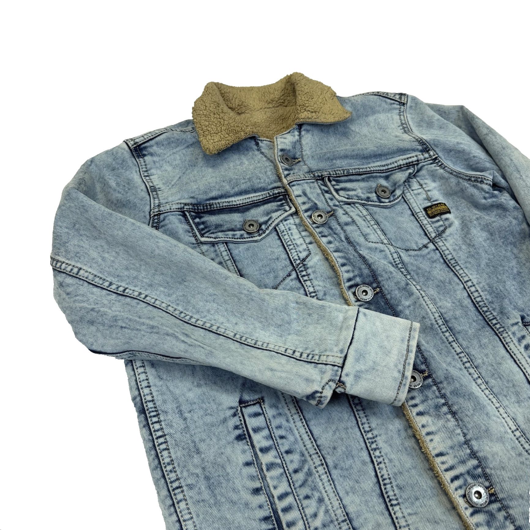 Vintage G-STAR RAW Jacket Mens M Blue Denim Trucker Sherpa Lined Bomber Jacket Winter Warm Insulated Collared Pockets Button Logo Regular Size US M / EU 48-50 / 2 - 3 Thumbnail