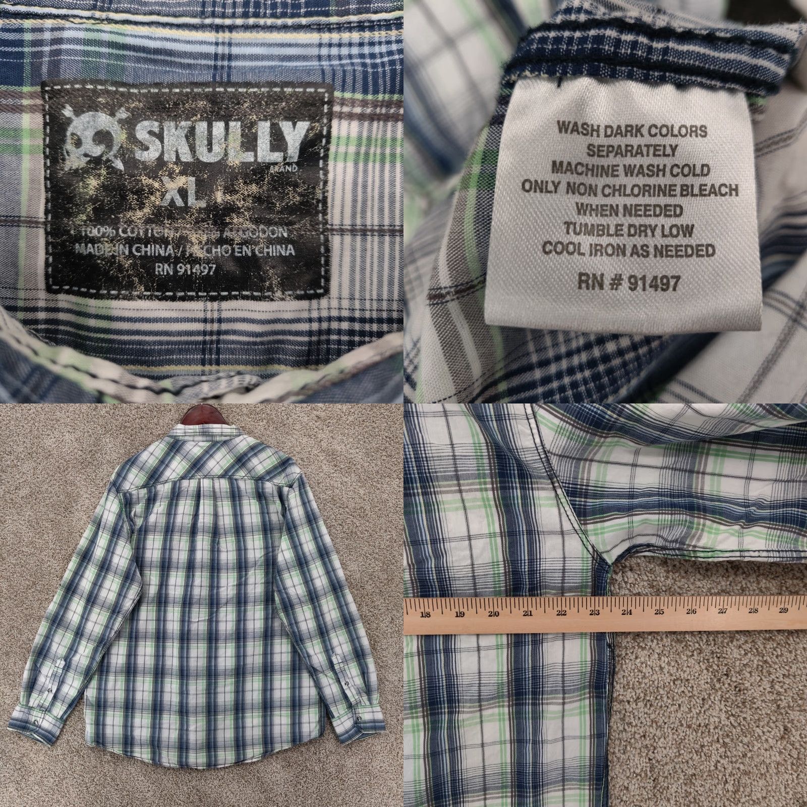 Vintage SKULLY Shirt Mens XL Blue Green Plaid Flannel Button-Up Snap Roll Up Sleeves Long Sleeve Casual Classic Outdoor Western Size US XL / EU 56 / 4 - 8 Thumbnail