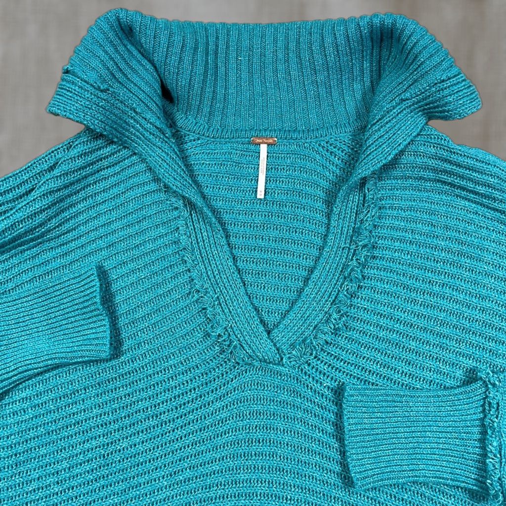 Free People VINTAGE Free People Marlie Sweater Shirt Women M Teal Slouchy Knit Drop Shoulder Collared Oversized Fringe 90s Bohemian Retro University Casual Size M / US 6-8 / IT 42-44 - 1 Thumbnail