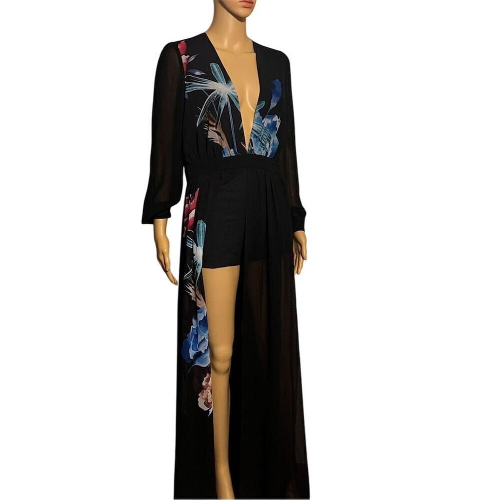 United Colors Of Benetton Bebe 4 Black Floral Deep V Maxi Dress Romper Coachella boho Size 27" / US 4 / IT 40 - 6 Thumbnail
