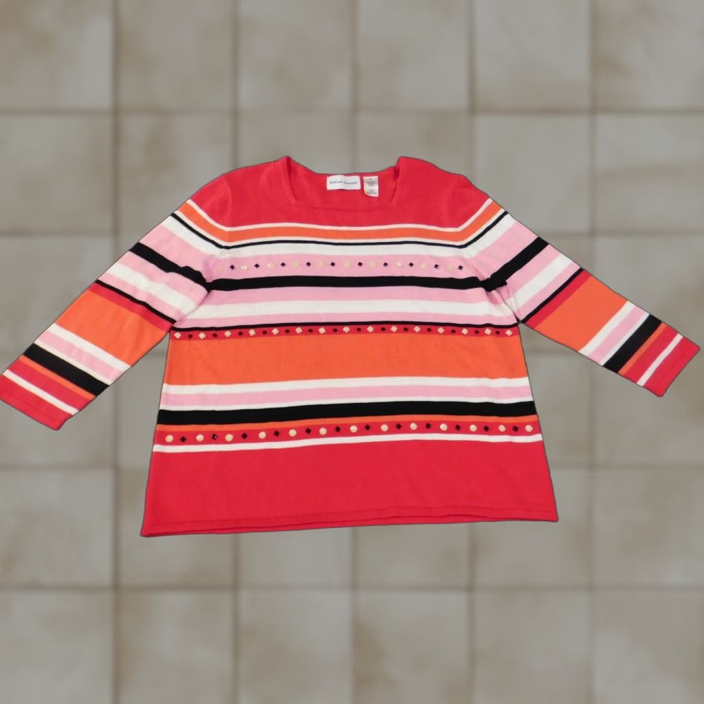 Vintage Alfred Dunner Sweater Pullover Knit Striped Medium Red Raglan Sleeve Cotton Acrylic Stretch Size M / US 6-8 / IT 42-44 - 1 Thumbnail