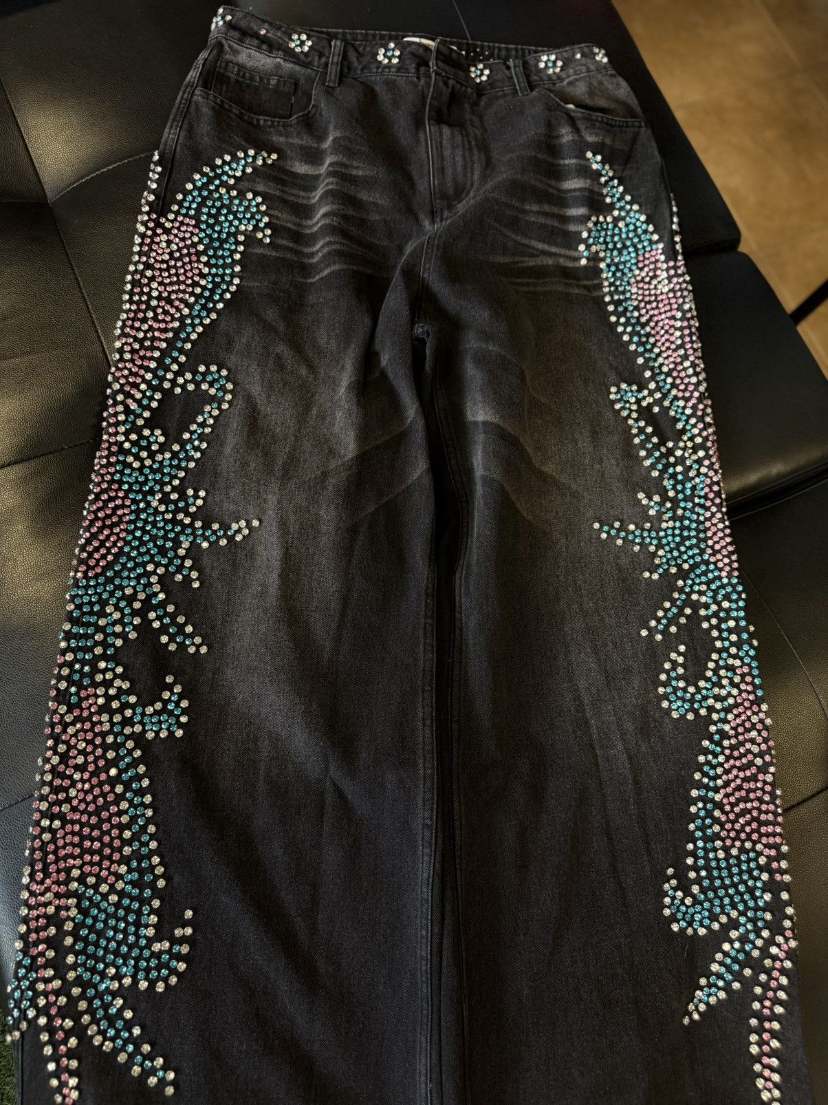 Vale Valley Stone Crystal Rhinestone Baggy Black Jeans Size 32 Size US 32 / EU 48 - 5 Thumbnail