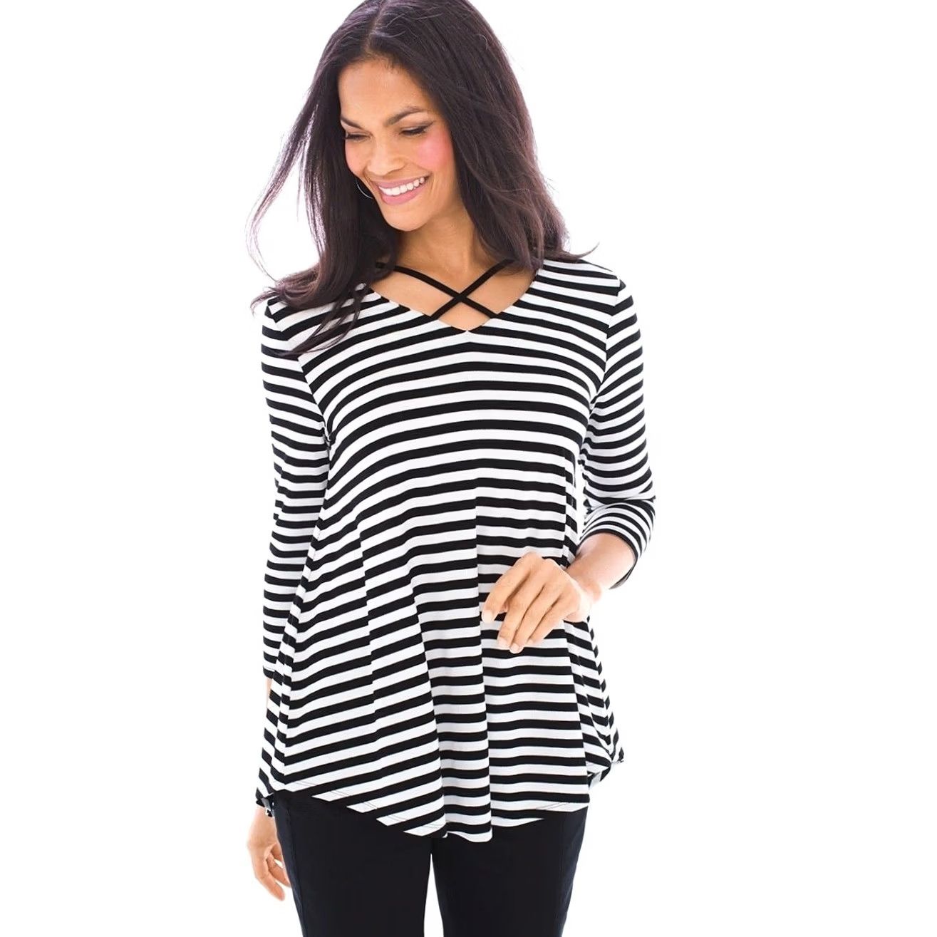 Vintage Chico's Striped Knit Top Criss Cross Neckline 3/4 Sleeve Black White Sz 1 (M-8) Womens Blouse Stretch Size M / US 6-8 / IT 42-44 - 2 Thumbnail