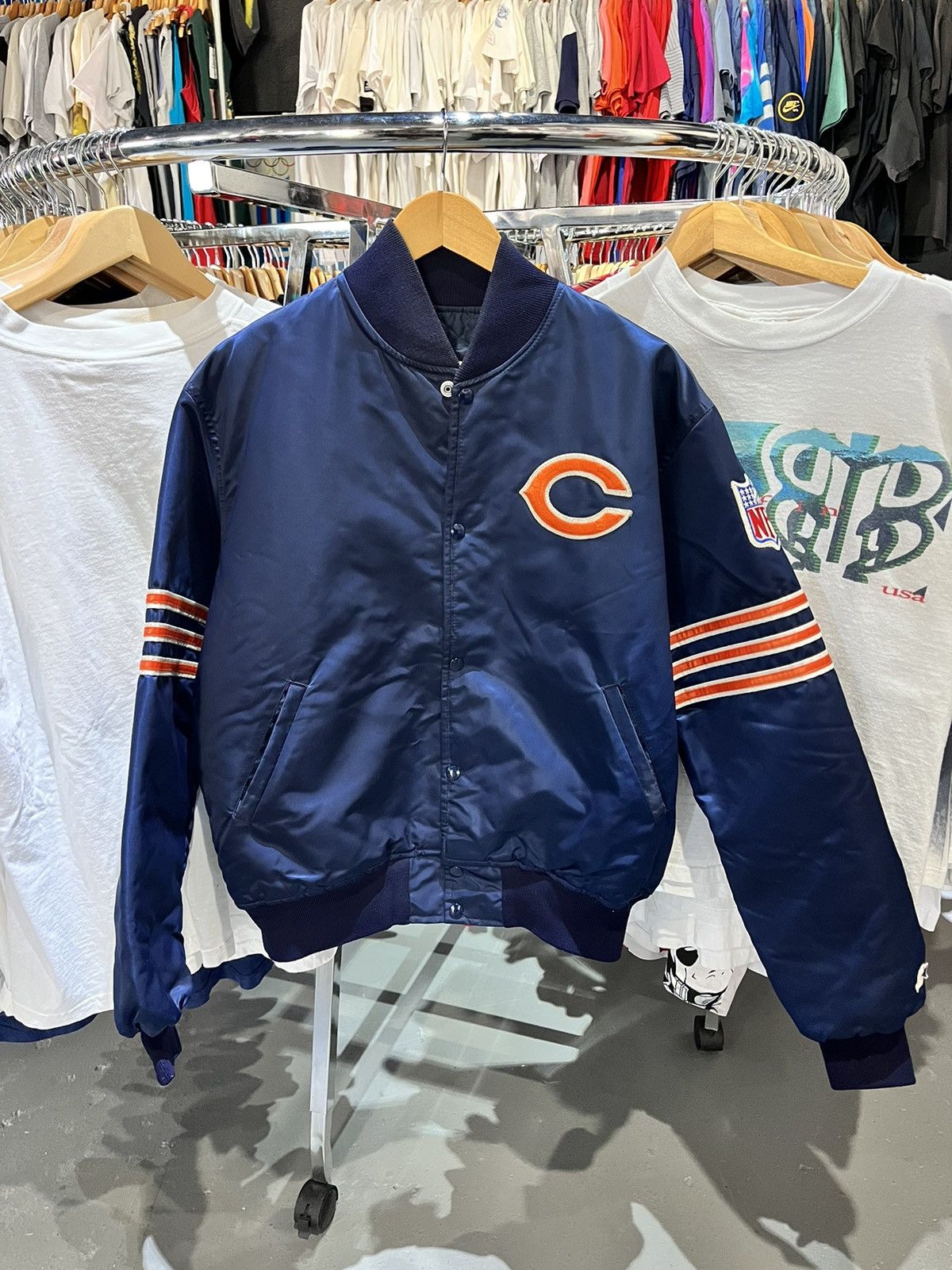 Starter Chicago Bears Blue Bomber Satin Jacket - Eve Suiting