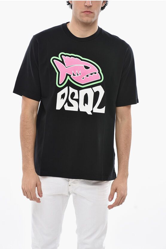 Crew Neck SHARK Cotton T-Shirt with Front Print