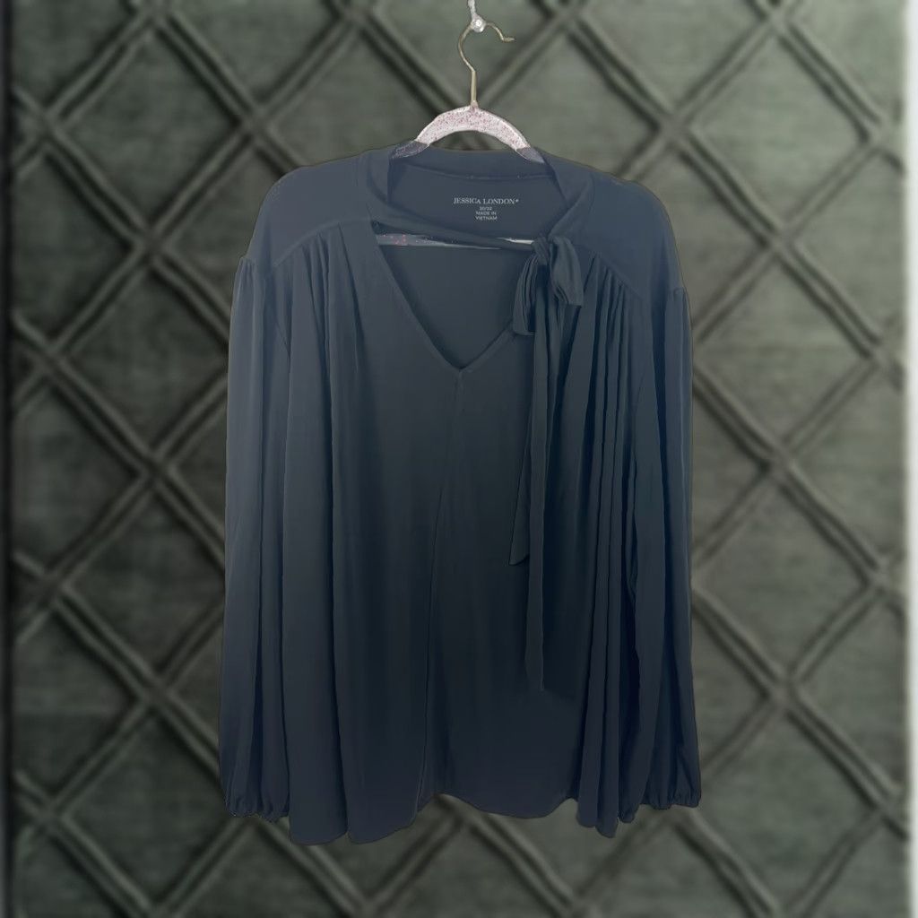 Jessica London Blouse Women's Plus Sz 30/32 Black V-Neck With Tie Long Sleeve