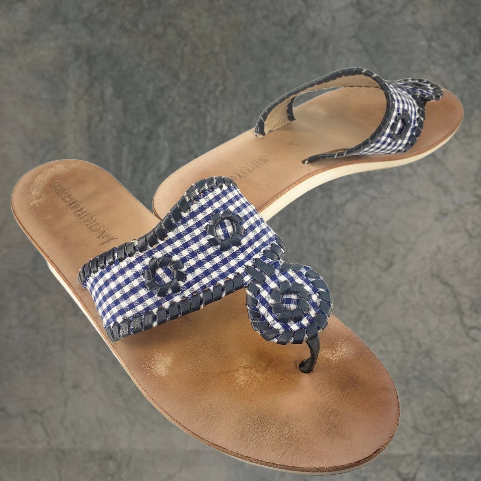 Jack Rogers JACK ROGERS Blue Gingham Check Whipstitch Fabric Slides Sandals 8M Womens Slip On Casual Size US 8 / IT 38 - 1 Thumbnail