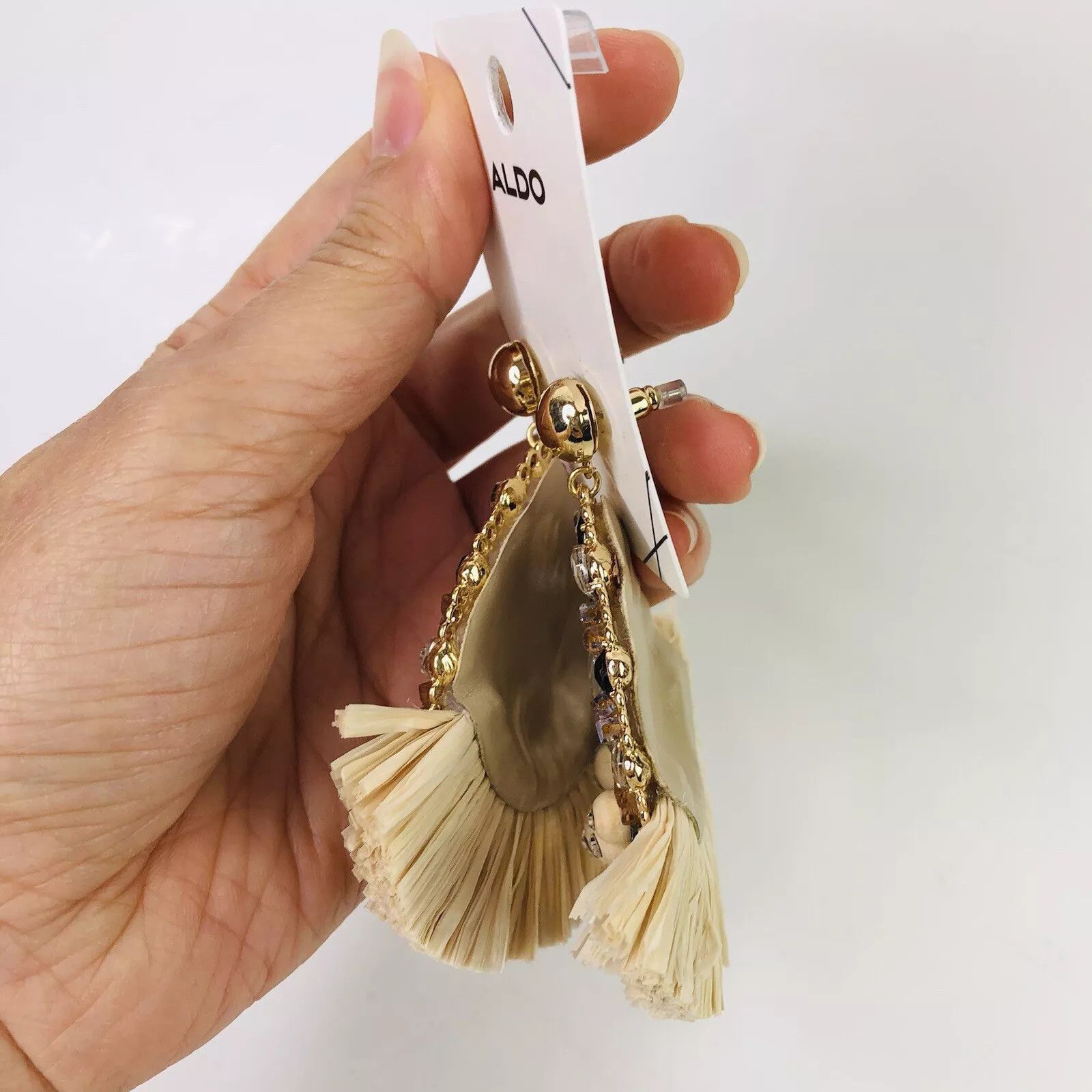 Aldo Studed Earrings Raffia Summer Rhinestone Beaded Straw Beige Size ONE SIZE - 4 Thumbnail