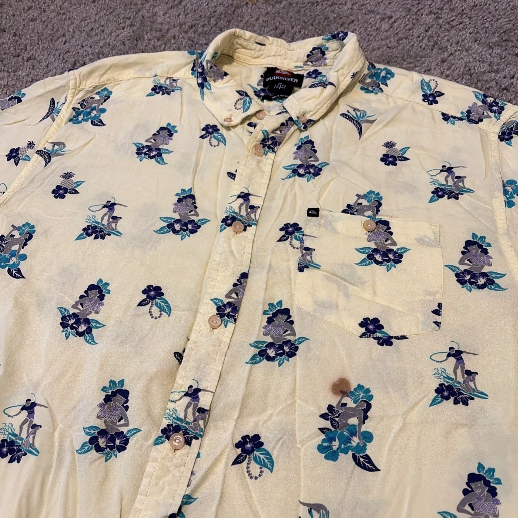 Quiksilver VINTAGE Quiksilver Button-Up Shirt Hawaiian Surfer Girl Graphic Yellow Large L Mens Short Sleeve Size US L / EU 52-54 / 3 - 6 Thumbnail
