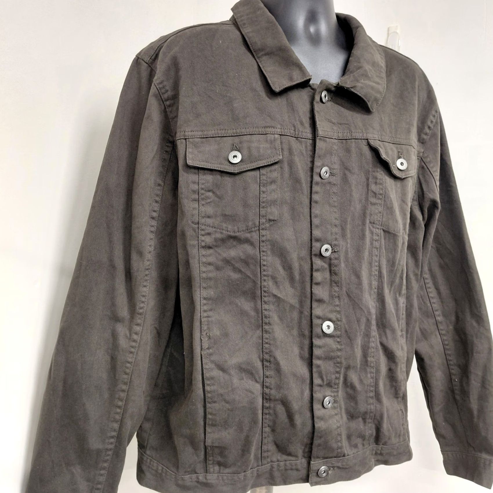 Vintage Boohoo Man Jacket Bomber Denim Olive Green XXL Men's Casual Button Pocket Lining Cotton Size US 39 - 3 Thumbnail