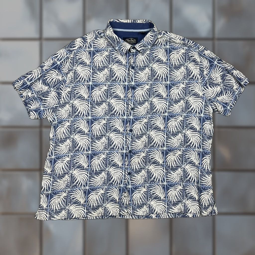 Nat Nast Nat Nast Button-Up Shirt Men Hawaiian Blue Floral Leaf Silk Cotton 2XL Casual Geometric Microfiber Buttons Short Sleeve Collared Spread Vintage No Size US XXL / EU 58 / 5 - 1 Thumbnail
