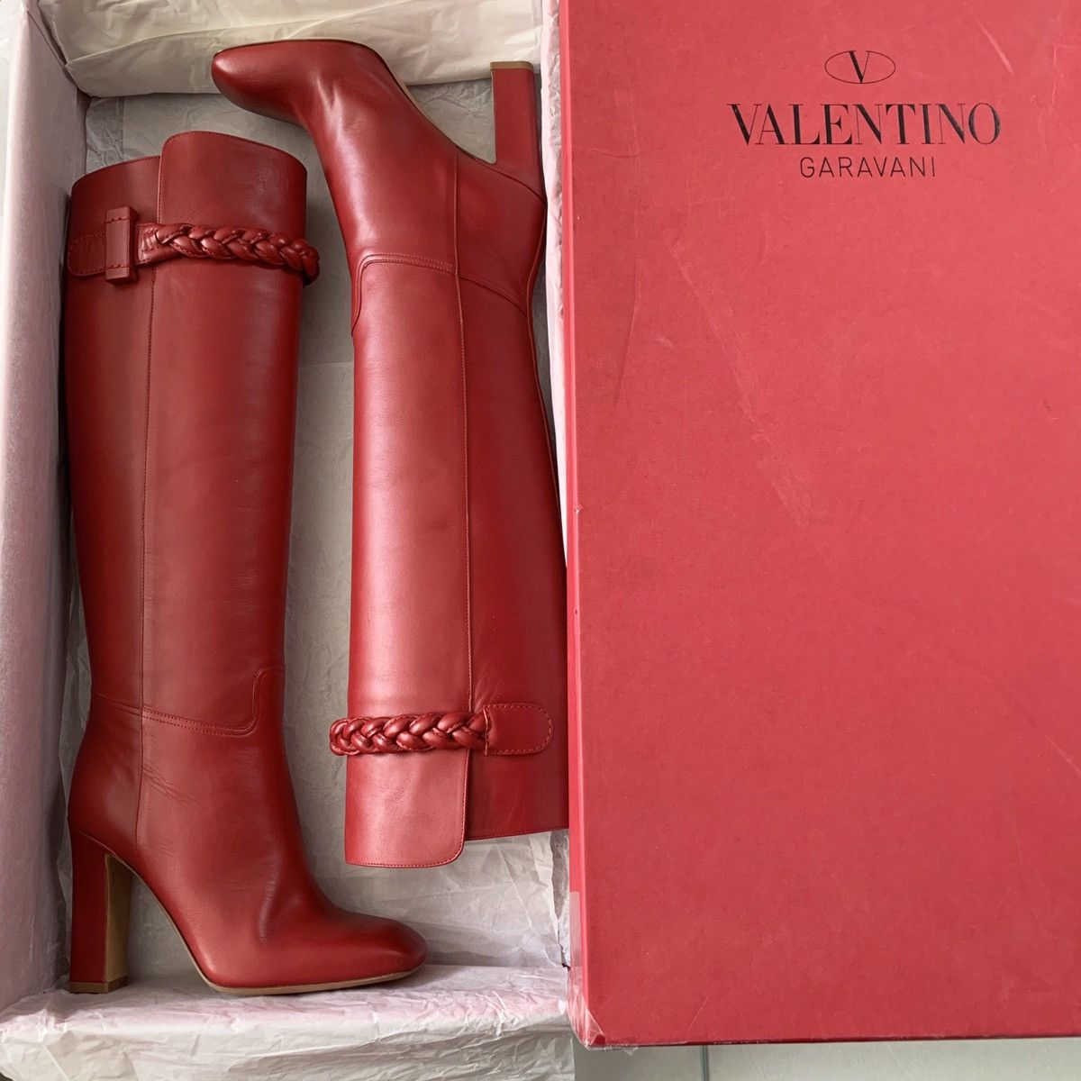Red calfskin knee boots