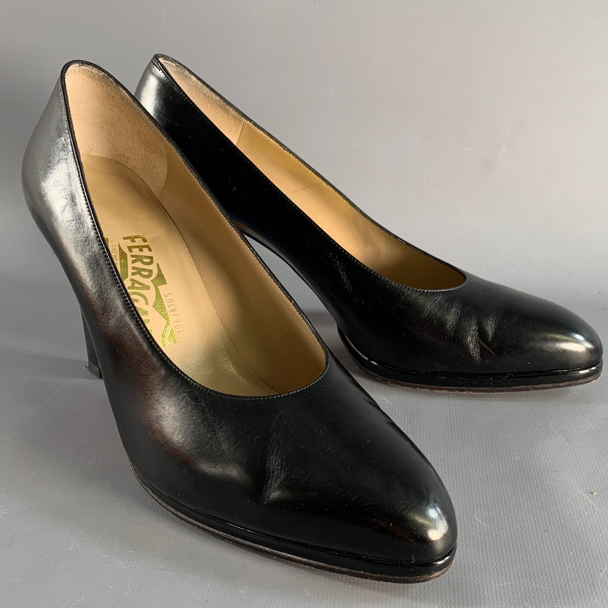 Salvatore Ferragamo 9 Black Leather Platform Pumps Shoes, Women's