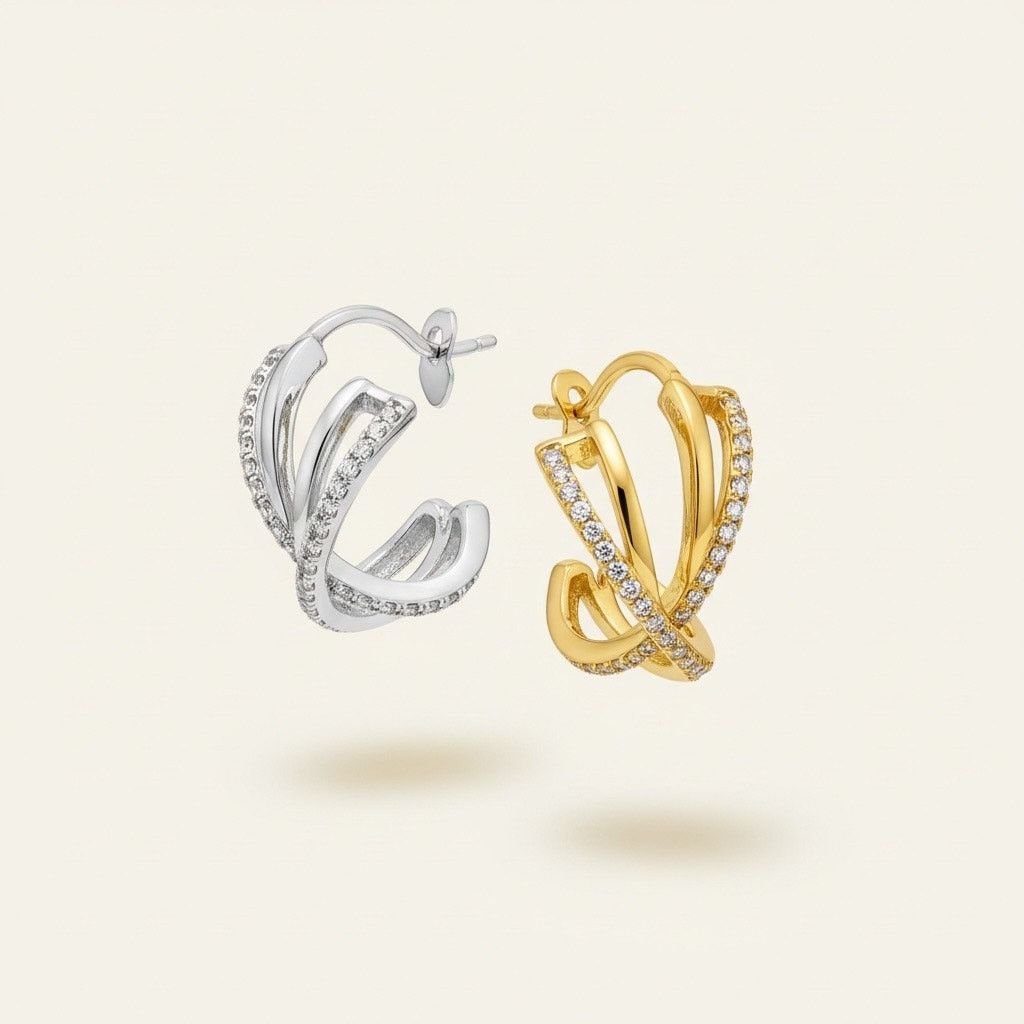 Macys 18K Gold Over Brass Pavé Double Hoop Stud Earrings Two Tone Size ONE SIZE - 1 Thumbnail