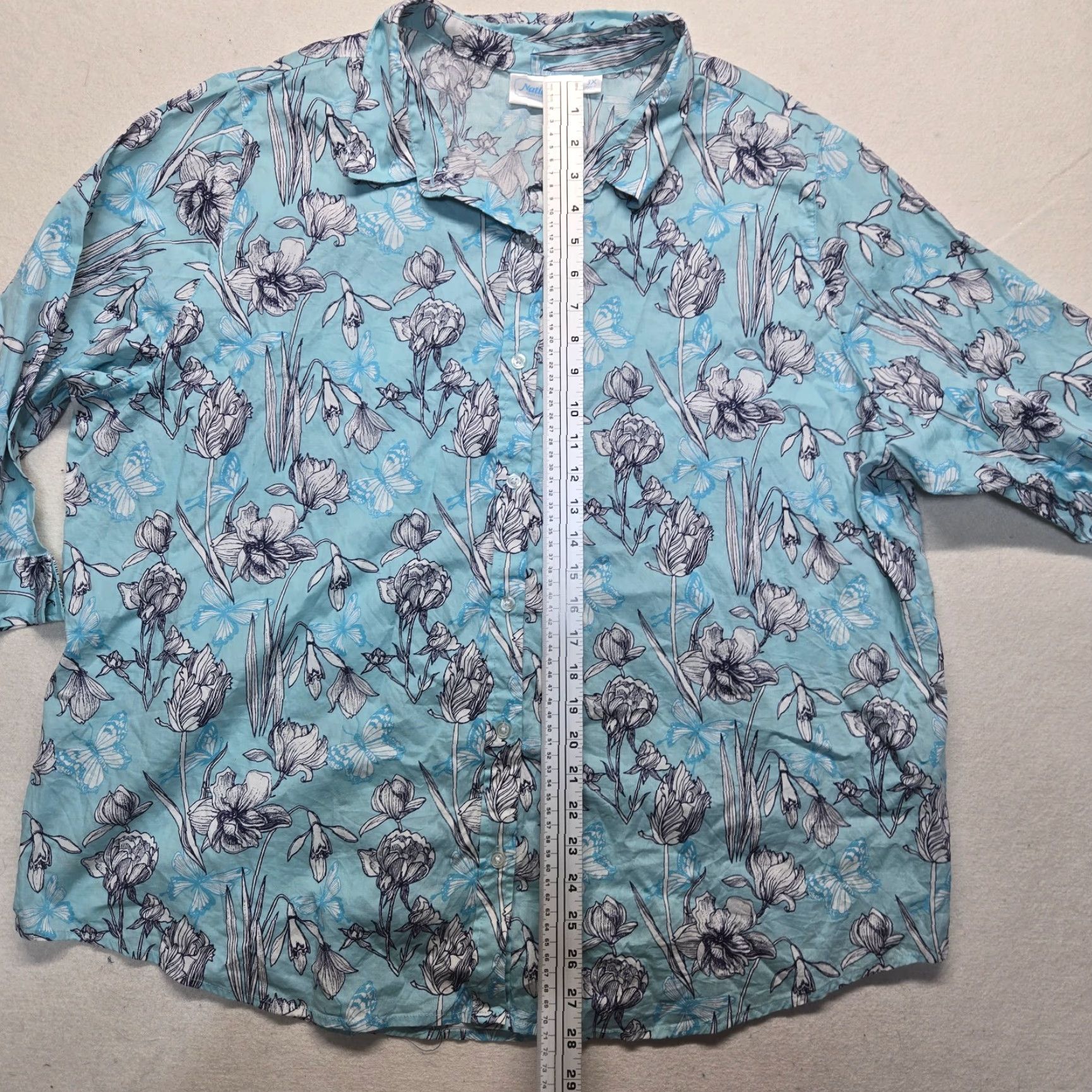 Vintage National Shirt Womens Plus 3X Blue With White Flowers Floral 3/4 Sleeves Button UP Size XXL / US 16-18 / IT 52-54 - 6 Thumbnail