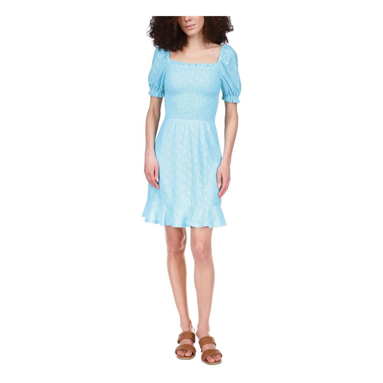 Image of Michael Kors Women's Eyelet Smocked Peasant Dress Size XL in Blue