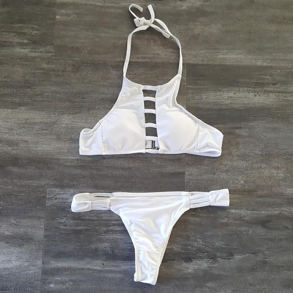 Designer White High Neck Strapped Bikini Set Size ONE SIZE - 1 Thumbnail