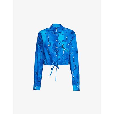 image of Marni O1W1Db10524 Print Cropped Shirt In Blue, Women's (Size XL)