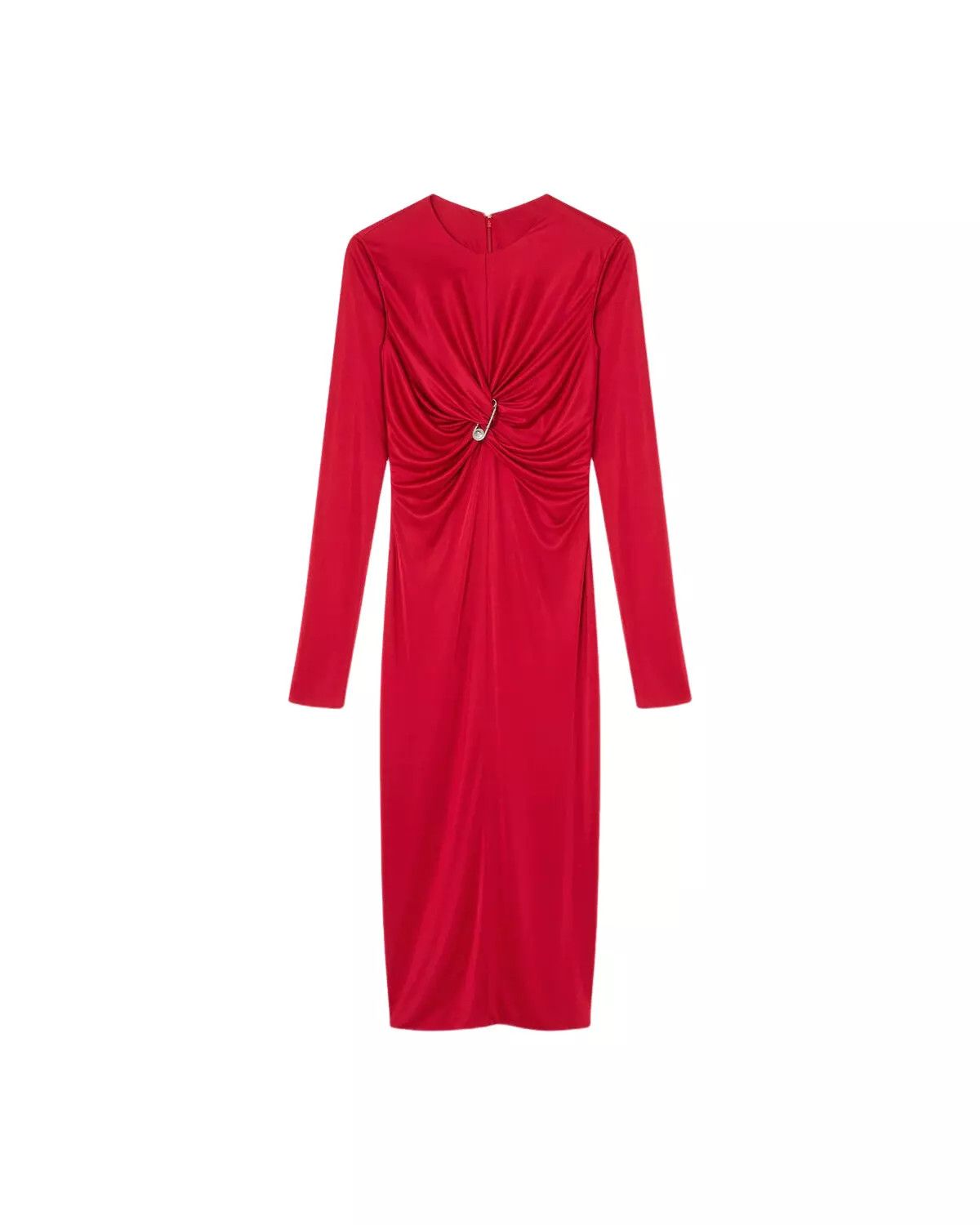 VERSACE Red Safety Pin Gathered Fitted Midi Dress New