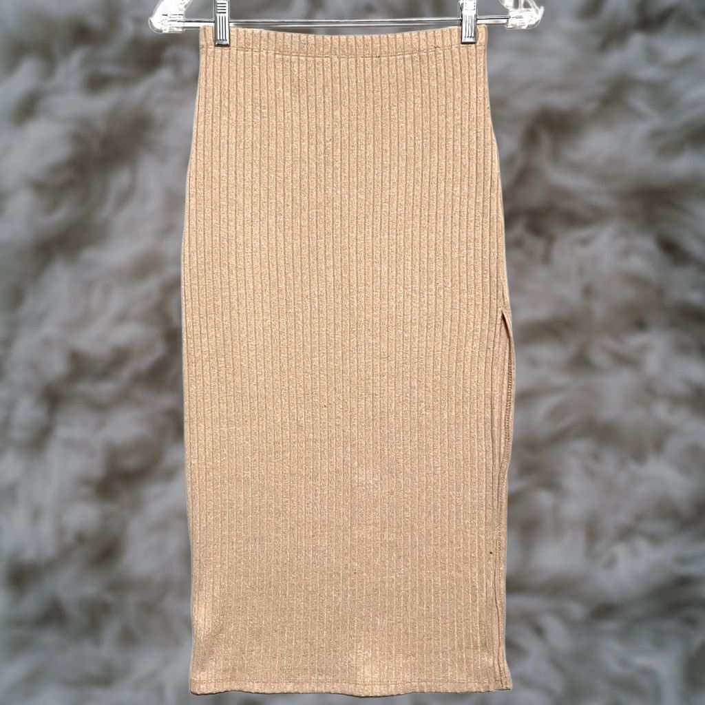 Forever 21 FOREVER 21 Ribbed Knit Pencil Tube Skirt Side Slit S Tan Casual Women's Skirt Long Size 28" / US 6 / IT 42 - 1 Thumbnail