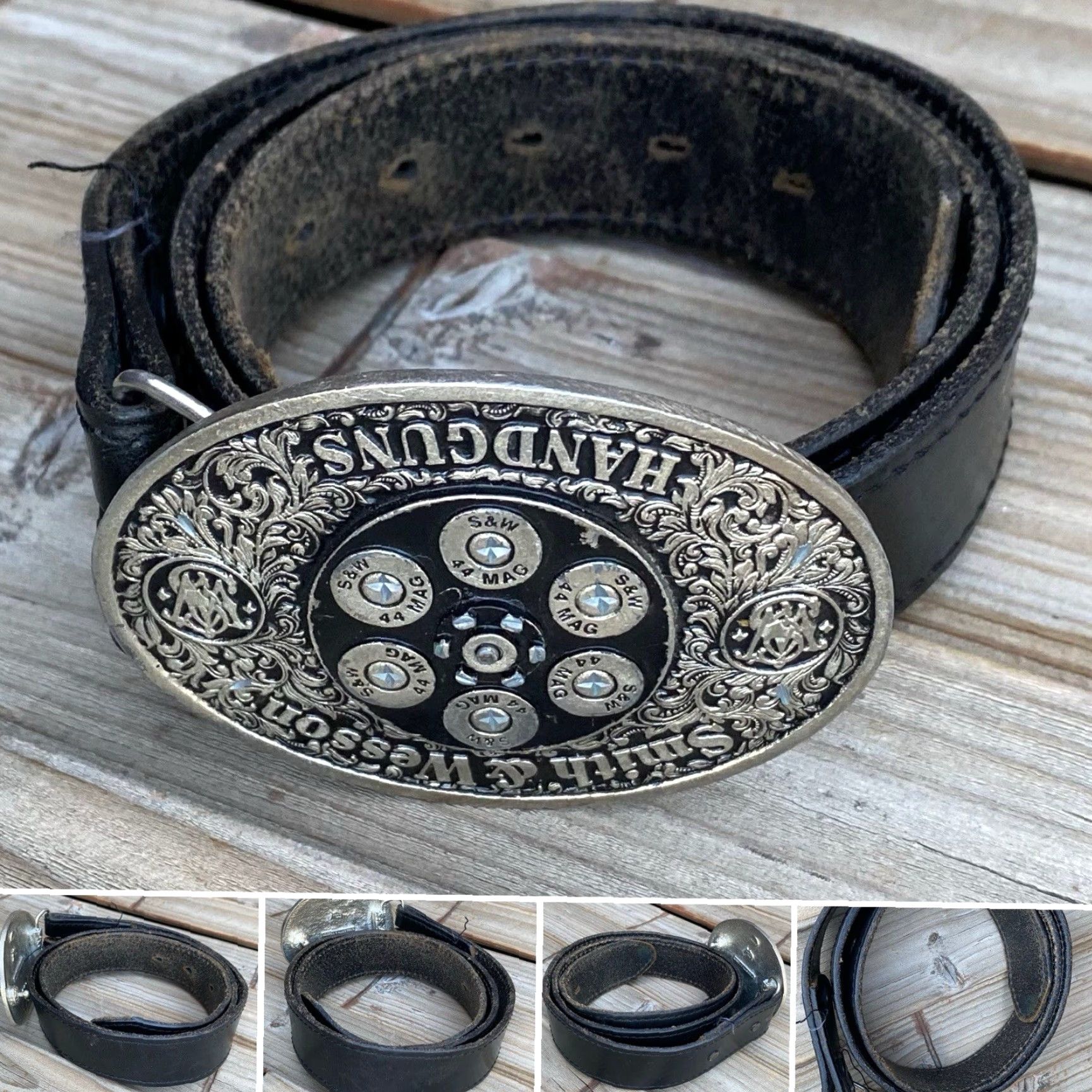Vintage Vintage Smith & Wesson Handguns .44 Mag Belt Buckle w/ Leather Belt 36 USA Size ONE SIZE - 3 Thumbnail
