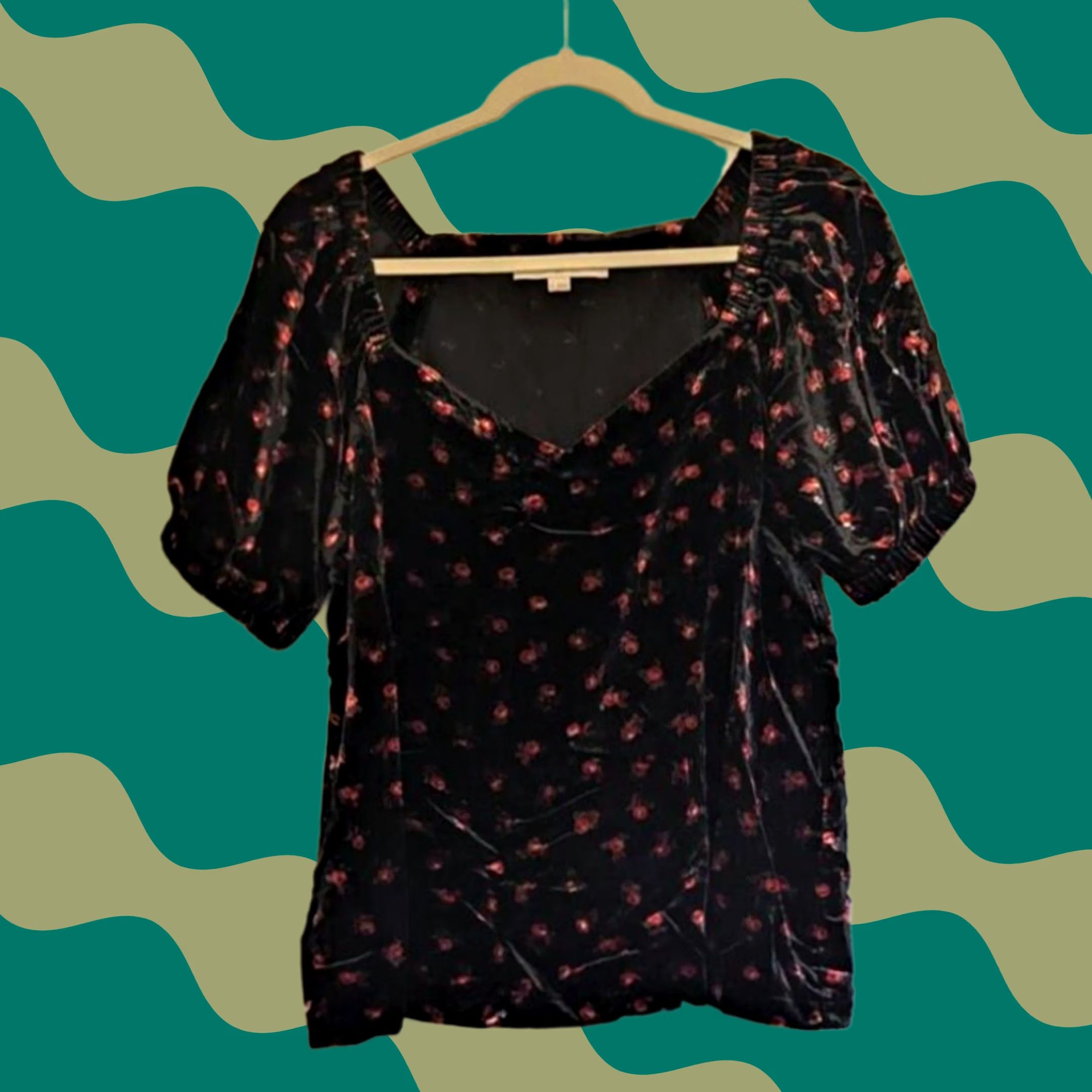 Loft LOFT Velvet Floral Puff Sleeve Sweetheart Neck Blouse Top Black Red Womens L Blouse Size L / US 10 / IT 46 - 1 Thumbnail